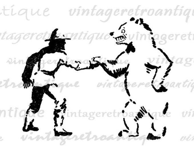 Printable Man and Bear Graphic Digital Illustration Image Download Vintage Clip Art Jpg Png Eps HQ 300dpi No.1634