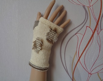Hand-knitted cream color fingerless gloves/wrist warmers