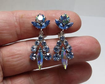 Vintage Signed SHERMAN Blue Rhinestone Earrings