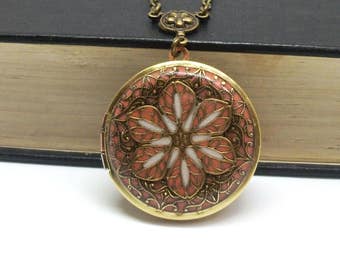 Coral Brass Filigree Flower Locket, Brass Locket Photo Locket, Valentine Gift For Her, Wedding Locket Picture Locket