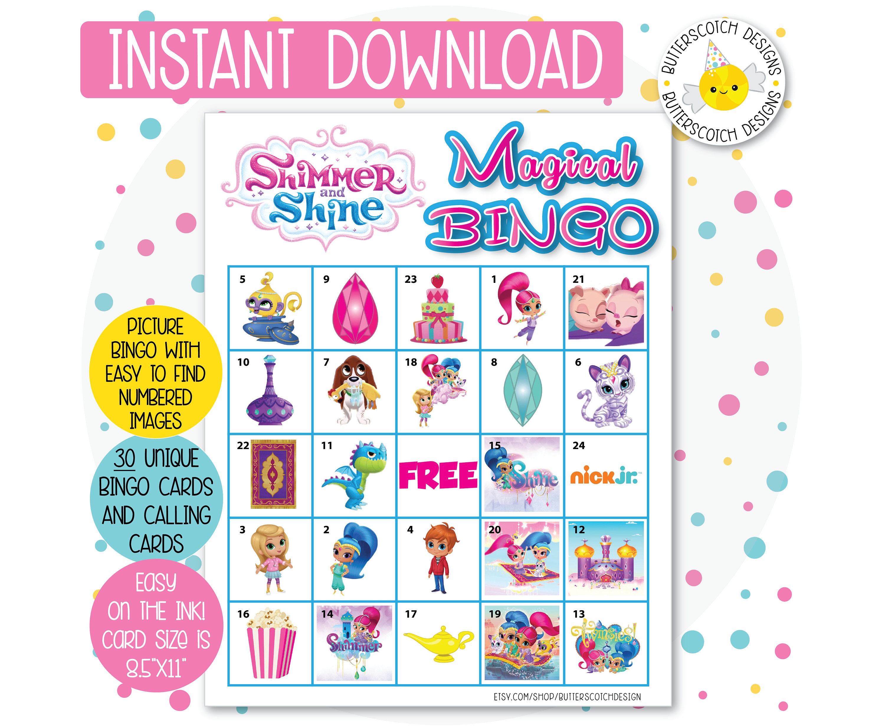 Nick Jr Shimmer and Shine Printable Bingo Cards 30 Different