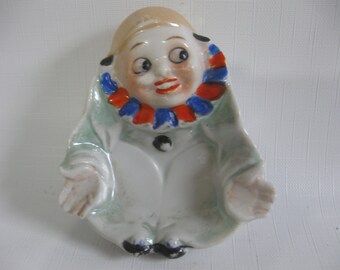 Happy Face Clown/Harlequin Lusterware and Cold Painted Spoon Rest or Ashtray - Made in Japan