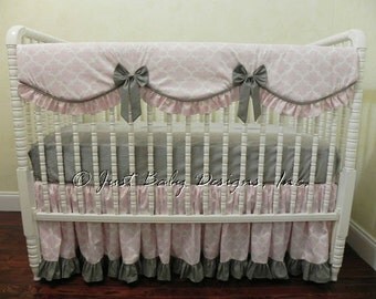Custom Crib Bedding Set Tassie - Girl Baby Bedding, Pink and Gray Crib Bedding, Bumperless Crib Bedding, Scalloped Crib Rail Cover