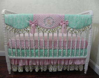 Custom Baby Girl Bedding Set Lucca - Mint, Pink, and Gold Baby Bedding, Girl Crib Bedding, Arrow Baby Bedding, Crib Rail Cover, Ruffle Skirt