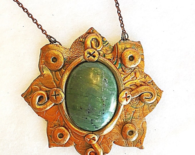 Large Lotus Flower, Serpentine Jasper and Labradorite Oxidized Bronze Metallic Tooled Stamp on Copper Chain, Hand Sculpted Boho