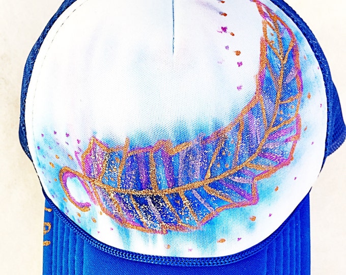Royal Blue and Purple, Bronze Metallic Sparkle Boho Feather Hand Painted Trucker Hat, Free Spirit Festival Bohemian Trucker Hat
