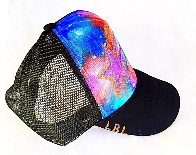 FLASH SALE! Space Galaxy Shooting Star Hand Painted Sparkly Metallic Trucker Hat, Spacey Galactic Rainbow Glitter Star Watercolor Rave