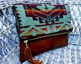 Pendleton Wool Leather Tassel Foldover Clutch Bag Leather