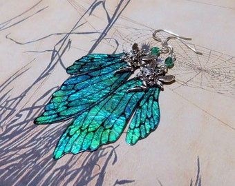Fairy Wing Earrings, Fairy Earrings, Faerie Earrings, Iridescent Green Earrings, Hand Painted, Green Dangle Earrings, Boho, Hippy