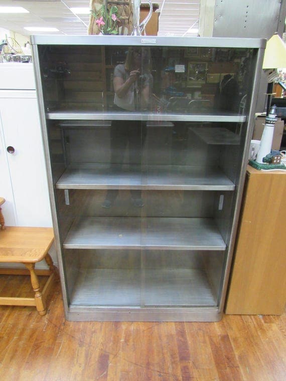 Industrial steel bookcase with glass doors mid century modern