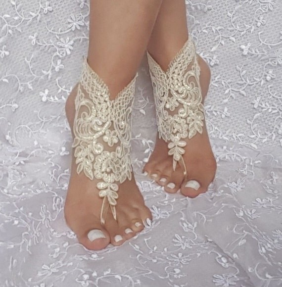 Gold champagne Beach bridal sandals barefoot footwear free shipp party prom wedding lace shoes christmas gift bellydance show costume