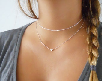 Set Of 2 Sterling Silver Necklaces, Silver Necklace Set, Heart Necklace, Silver Choker, Dainty Sterling Silver Layered Necklace Set, #513