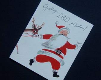 Vintage Rust Craft Christmas Card, Santa & Reindeer, Unused Mid Century 1950's -60's