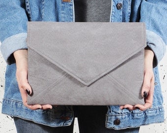 Clutch bag envelope grey vegan bag faux synthetic suede imitation purse handbag strap pocket zipped wedding bridesmaid bridal evening gift
