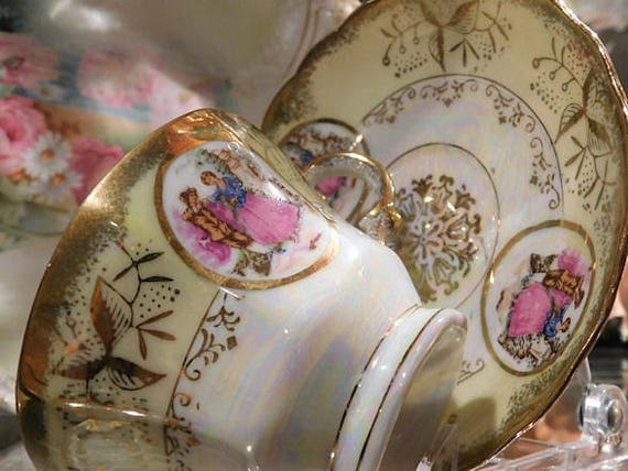 Mid Century Porcelain Tea Cup Saucer Set Courting Couple Vintage 1960s Lusterware Luster Pearlized Romantic Cottage Home Decor Royal Sealy