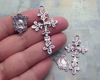 Rosary Medals Set in Antique Silver, Cross and Our Lady Sacred Heart of Jesus Centerpiece, miraculous medal, rosary parts, catholic charms