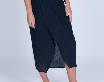 Navy linen midi skirt with bamboo silk lining