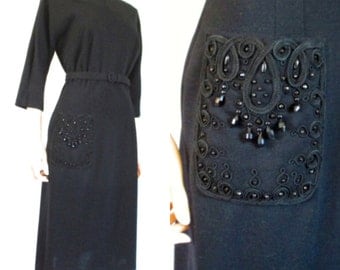 1960s L/XL Hourglass Black Dress Beaded Pocket "Abella Paris" 33-34"w