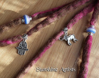 Earthy brown wool dreads-clip in dreads-boho accessories-Brown with pink flecks-Mehendi hand charm-Elephant charm-Resin beads-Tibetan silver