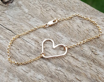14k Gold fill Open Heart Hammered Chain Bracelet