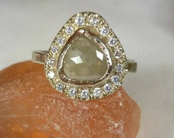 Natural Large rose cut diamond Halo ring, engagement ring, solid white gold multistone ring, diamond halo ring, wedding ring