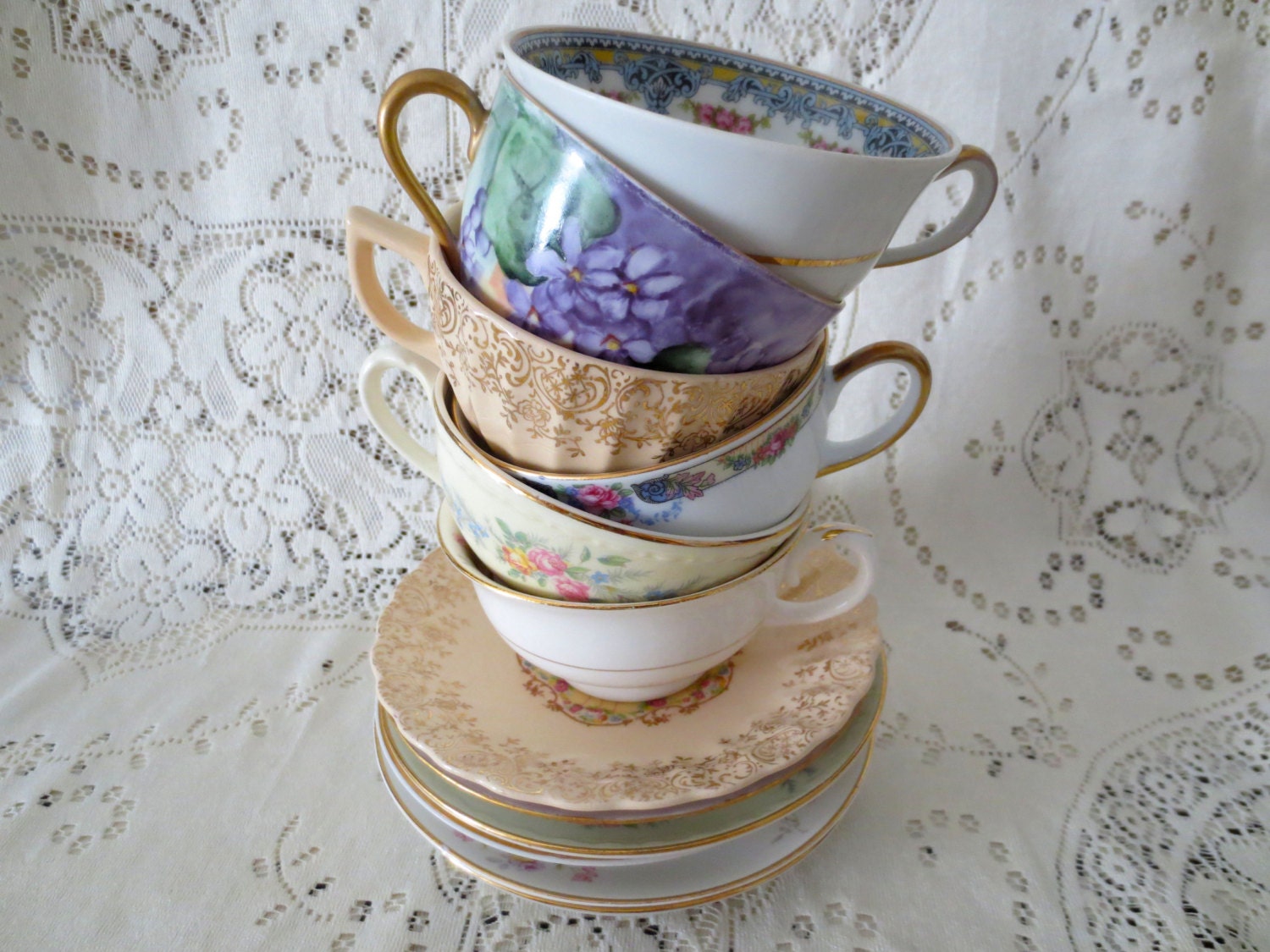 Set of 6 Mismatched Teacup Sets. Floral China Teacup and