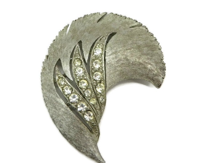 JJ Silver Tone Rhinestone Leaf Brooch, Matte Silvertone Pin, Bridal Jewelry