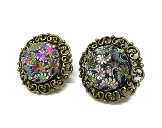 Judy Lee Iridescent Earrings - Vintage Signed Designer Gold Tone Flower Swirl Clip-ons, Gift for Her, Gift Boxed