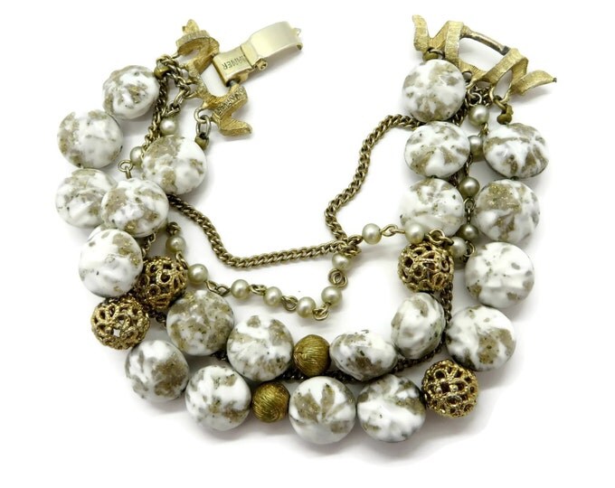 Vintage Kramer White and Gold Beaded Multistrand Bracelet