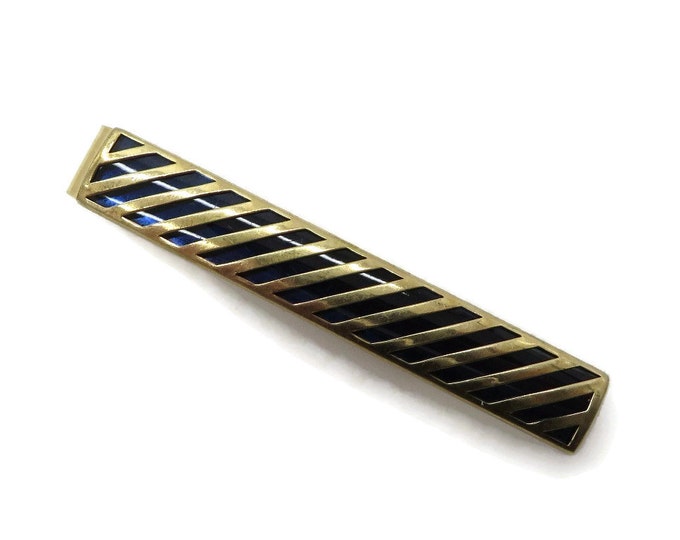 Swank Tie Clip, Vintage Tie Clasp, Striped Tie Bar, Blue and Gold Tie Clip, Men's Suit Accessory, Father's Day Gift