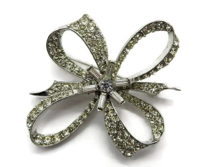 Rhinestone Bow Brooch - Vintage Estate Silver Tone Costume Jewelry Gift Brooch