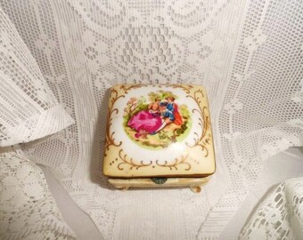 Porcelain Boudoir Jewelry Box-Trinket Casket-Vanity-Dresser Treasure Keeper-Legs-Hinged Lid-Courting Couple-Romance-Orphaned Treasure-020117