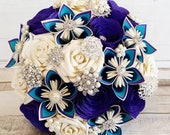 Paper Flower wedding bridal Bouquet peacock teal purple brooches