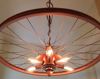 Hanging Industrial Chandelier Made From Repurposed Bike Rim / Wheel Rim/Tire / 6 Bulbs - a Bock Industrial Original