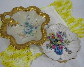 Vintage Hand Painted Plates Set of 2 Cottage Chic Home Decor Candy Trinket Serving