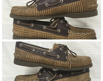 Sperry, top sider, shoes, size 9, brown, hounds tooth, leather, fur, loafers, 9