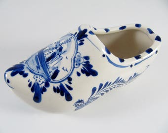 Vintage Dutch Delft Blue Ceramic Ashtray Shoe, Windmill Decoration, Hand Painted Holland, Signed