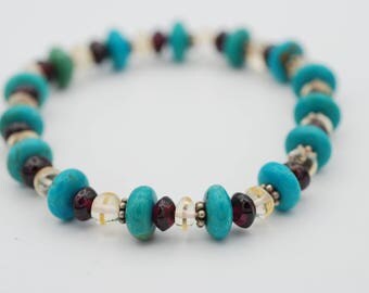 7 1/2 inches Assorted Beads, Turquoise, Garnet and Crystals with 4mm Daisy Sterling Silver