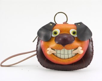 handmade leather dog with bone wristlet coin purse wallet