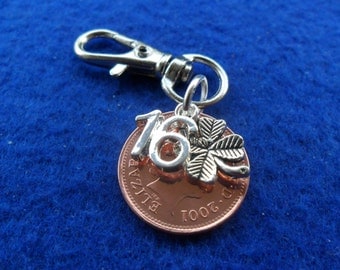 16th Birthday present 2001 British coin bag charm for a 16th birthday gift "16" charm British coin
