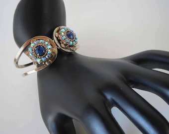 Sapphire & Light Sapphire Aurora Borealis Rhinestone Hinged Clamper Bracelet