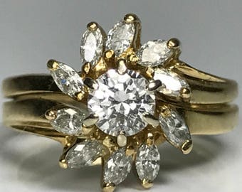 Vintage Diamond Cluster Ring. 14K Yellow Gold. 0.80+ Carats. Unique Engagement Ring. April Birthstone. 10 Year Anniversary. Estate Jewelry.