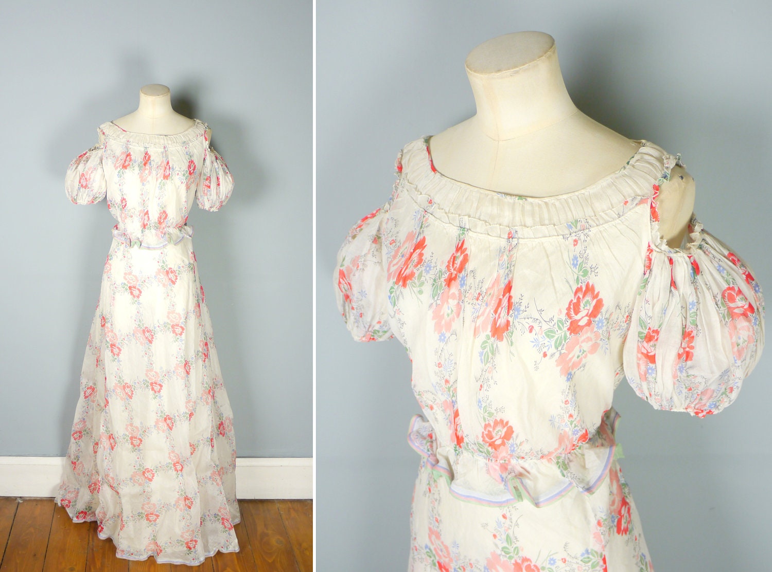 Breathtaking 30s MUSLIN cotton dress in red FLORAL print