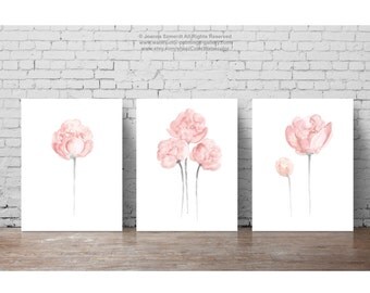 Shabby Chic Home Decor Minimalist Peony Flower, Pastel Grey and Pink Peonies Nursery Girls Room Flowers Watercolor Painting Floral Art Print