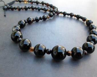 Black Agate Necklace, Adjustable Length, Black Onyx Agate Jewelry, Graduated Beaded Necklace, Gift For Her, LBD