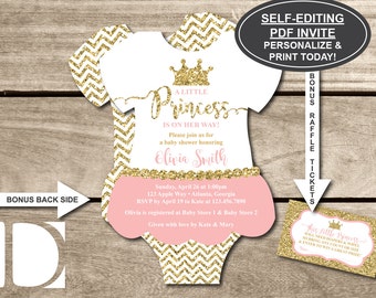 Little Princess Baby Shower Invitation, Onesie Invitation, Tutu, Pink, Gold, Glitter, Chevron, Self-Editing PDF Invite, BONUS Raffle Ticket