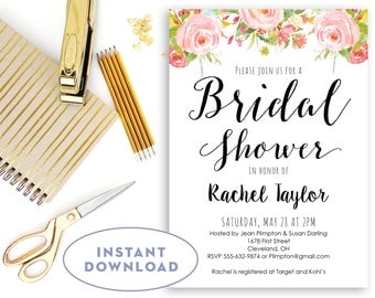 Printable Bridal Shower Invitation INSTANT DOWNLOAD Floral Shower Invitation Editable in Word Pink and Black Brunch Invitation The Rosa