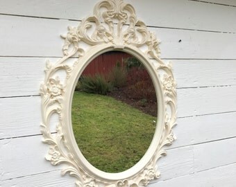 Baroque Mirror, Bathroom Mirror, Ornate Shabby Cottage Chic Mirror, Ivory Antique White Nursery Mirror, Vintage Style Wall Hanging