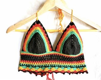 Rasta crochet crop top, crochet bikini top, rasta halter tie top, crochet halterneck top, festival top, rasta bikini, rasta halter tie
