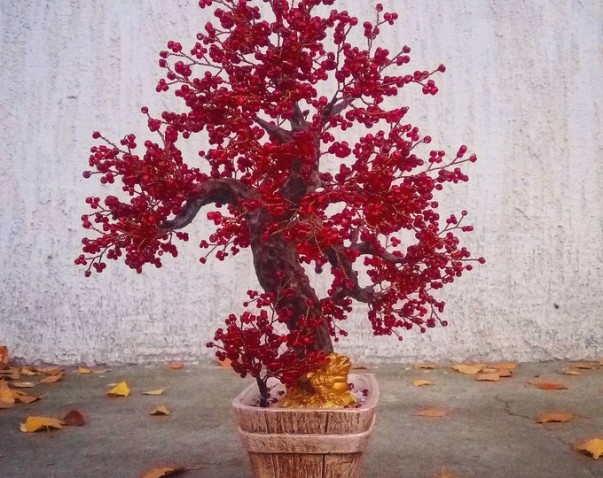 Beaded artificial autumn red bonsai tree - miniature tree - wire wrapped bonsai - bonsai tree - copper wire tree of life - ready to ship